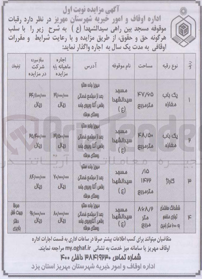 تصویر کوچک آگهی اجاره رقبات در 4 ردیف 2 باب مغازه و یک گاراژ و ششدانگ ساختمان تجاری