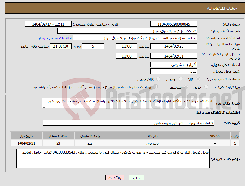 تصویر کوچک آگهی نیاز انتخاب تامین کننده-استعلام خرید 23 دستگاه تابلو اندازه گیری مشترکین عادی با 9 کنتور، پاساژ امت مطابق مشخصات پیوستی