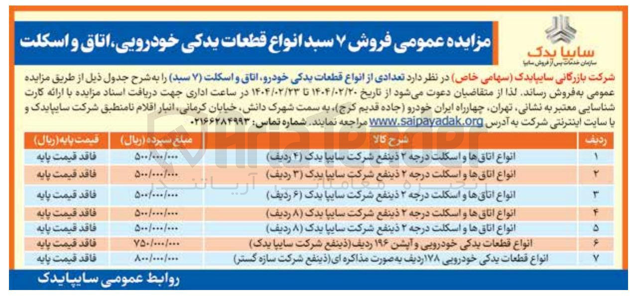 تصویر کوچک آگهی انواع اتاق ها و اسکلت درجه ۲ ذینفع شرکت سایپا یدک ( ۶ ) ردیف ) 
