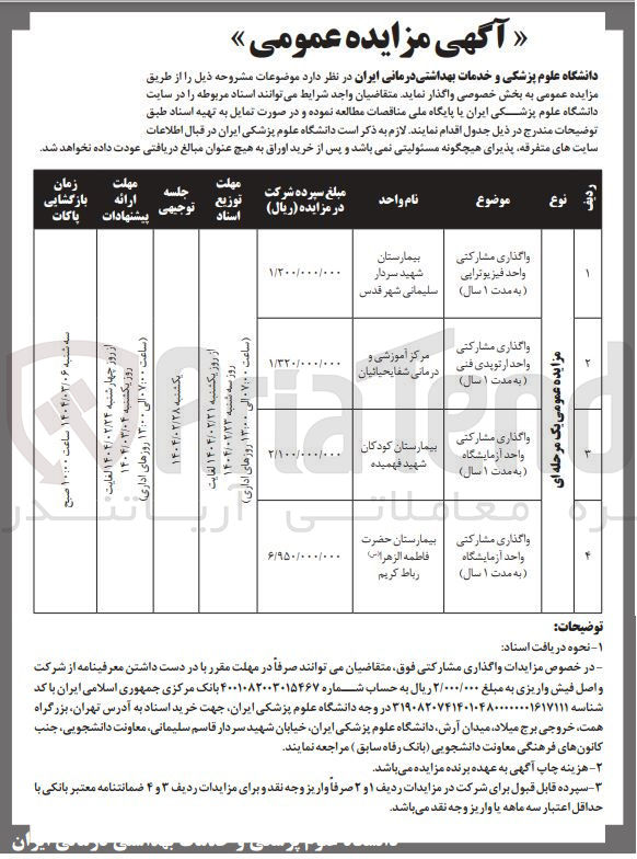 تصویر کوچک آگهی واگذاری مشارکتی واحد ارتوپدی فنی به مدت ( سال ) 

