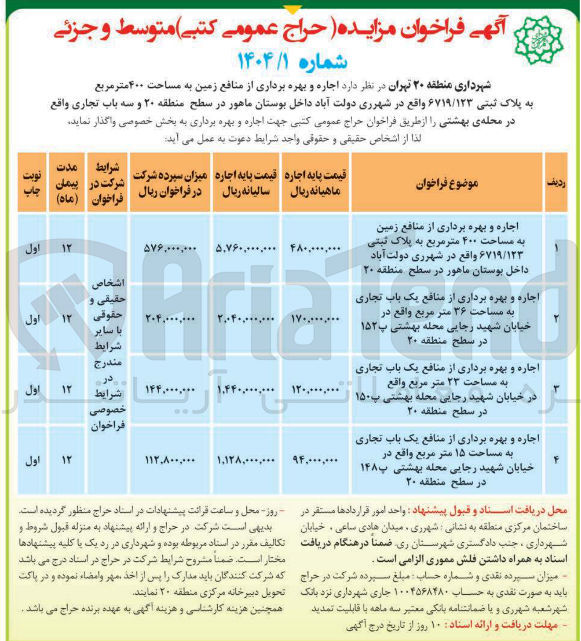 تصویر کوچک آگهی اجاره و بهره برداری از منافع یک باب تجاری به مساحت ۱۵ متر مربع 