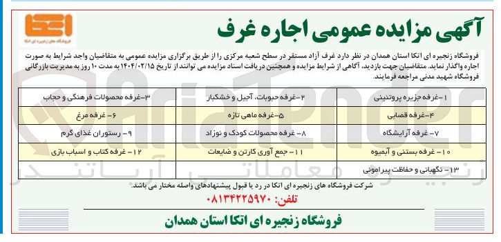 تصویر کوچک آگهی اجاره غرف در 13 ردیف : غرفه جزیره پروتئینی  - غرفه قصابی  - غرفه آرایشگاه  - غرفه بستنی و آبمیوه  - نگهبانی و حفاظت پیرامونی - غرفه حبوبات ، آجیل و خشکبار - غرفه ماهی تازه - غرفه محصولات کودک و نوزاد - جمع آوری کارتن و ضایعات - غرفه محصولات فرهنگی و حجاب - غرفه مرغ - رستوران غذای گرم  - غرفه کتاب و اسباب بازی 