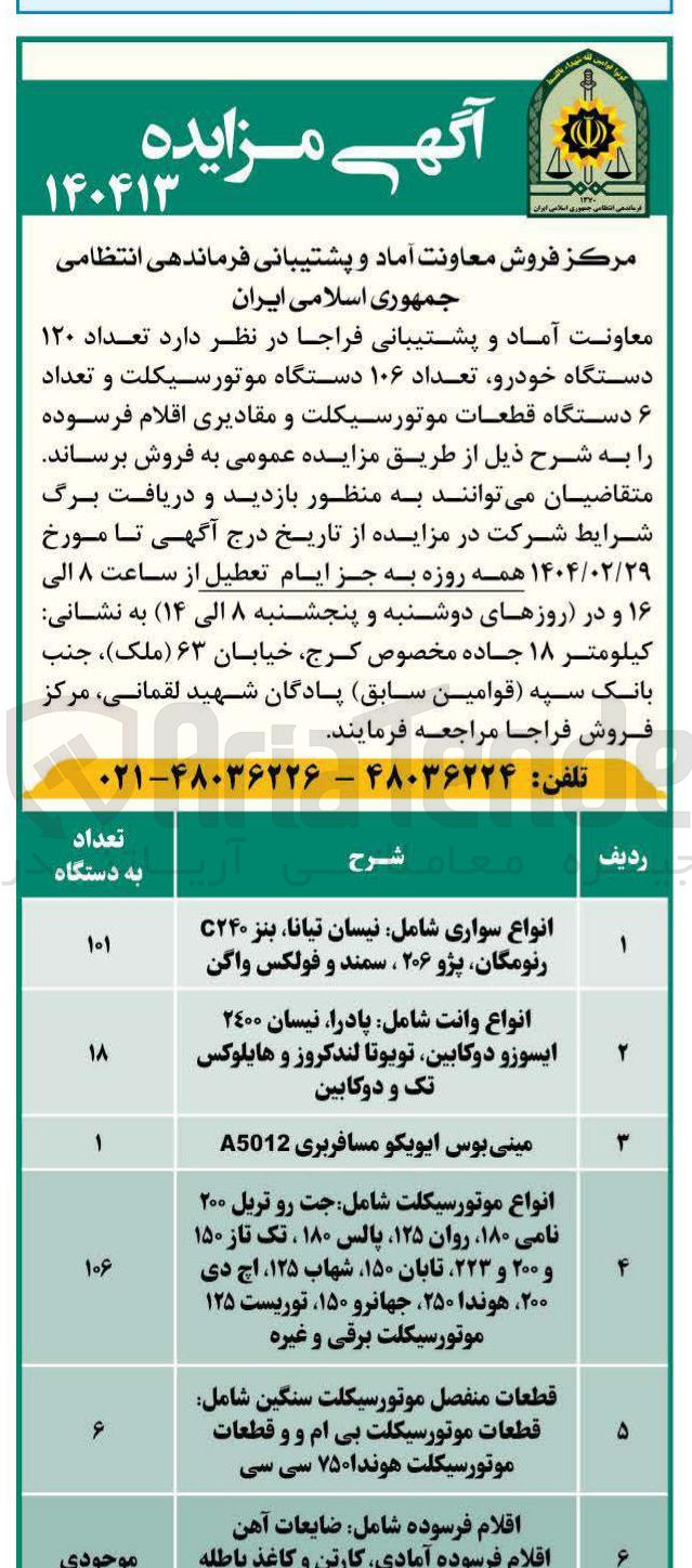 تصویر کوچک آگهی فروش تعداد ۱۲۰ دستگاه خودرو تعداد ۱۰۶ دستگاه موتورسیکلت و تعداد ۶ دستگاه قطعات موتورسیکلت و مقادیری اقلام فرسوده