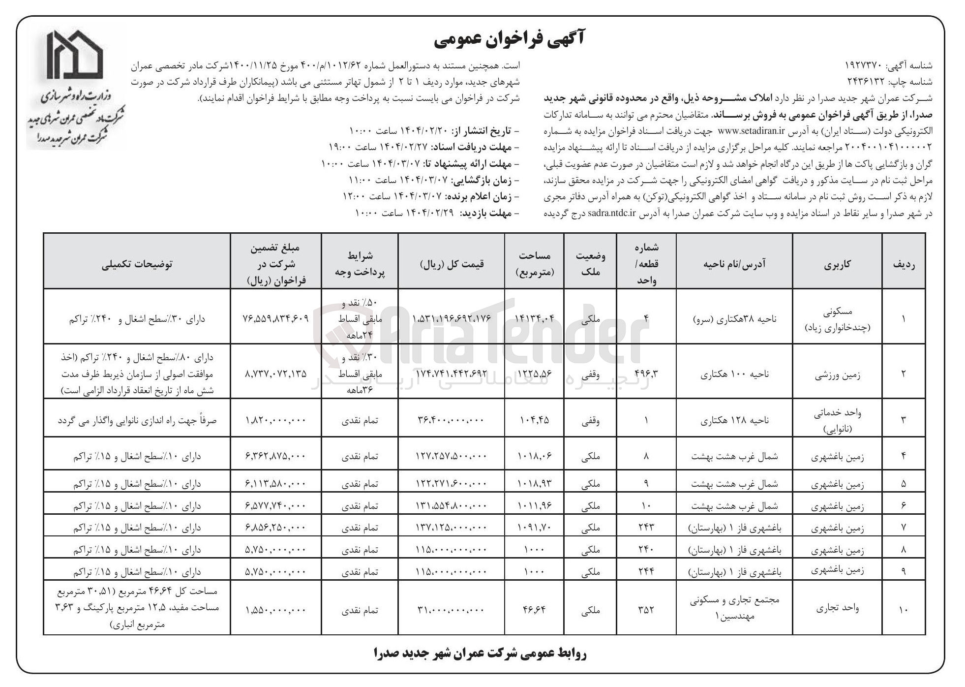 تصویر کوچک آگهی فروش املاک در 10 ردیف با کاربری مسکونی، ورزشی، خدماتی، تجاری