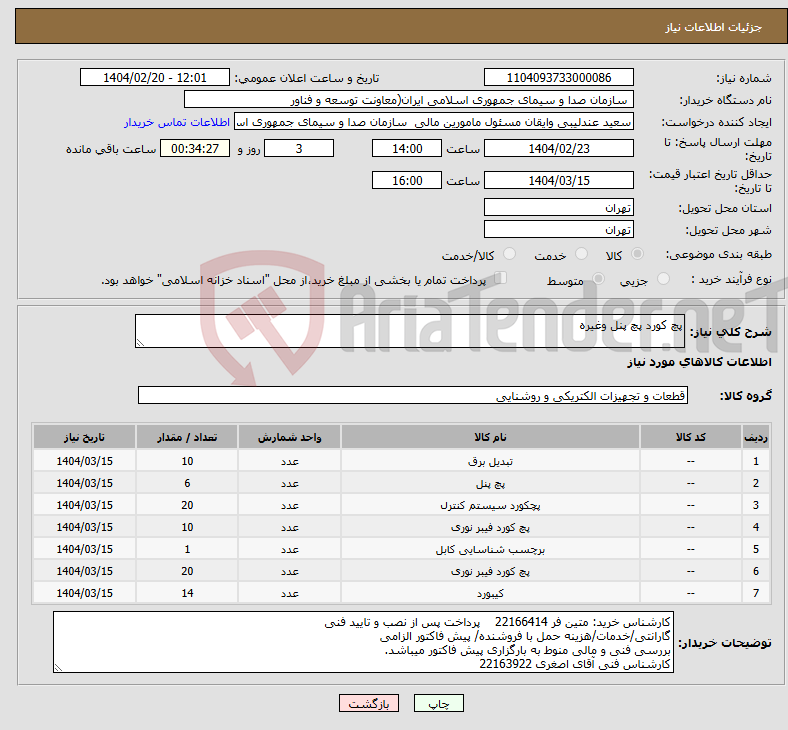 تصویر کوچک آگهی نیاز انتخاب تامین کننده-پچ کورد پچ پنل وغیره 