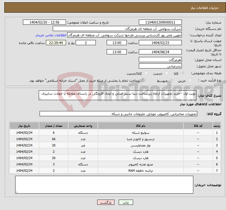 تصویر کوچک آگهی نیاز انتخاب تامین کننده-نوبت اول - خرید تجهیزات ارتقاء زیرساخت دیتا سنتر اصلی و ایجاد افزونگی در راستای مقابله با حوادث سایبری
