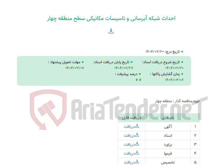 تصویر کوچک آگهی احداث شبکه آبرسانی و تاسیسات مکانیکی سطح منطقه چهار