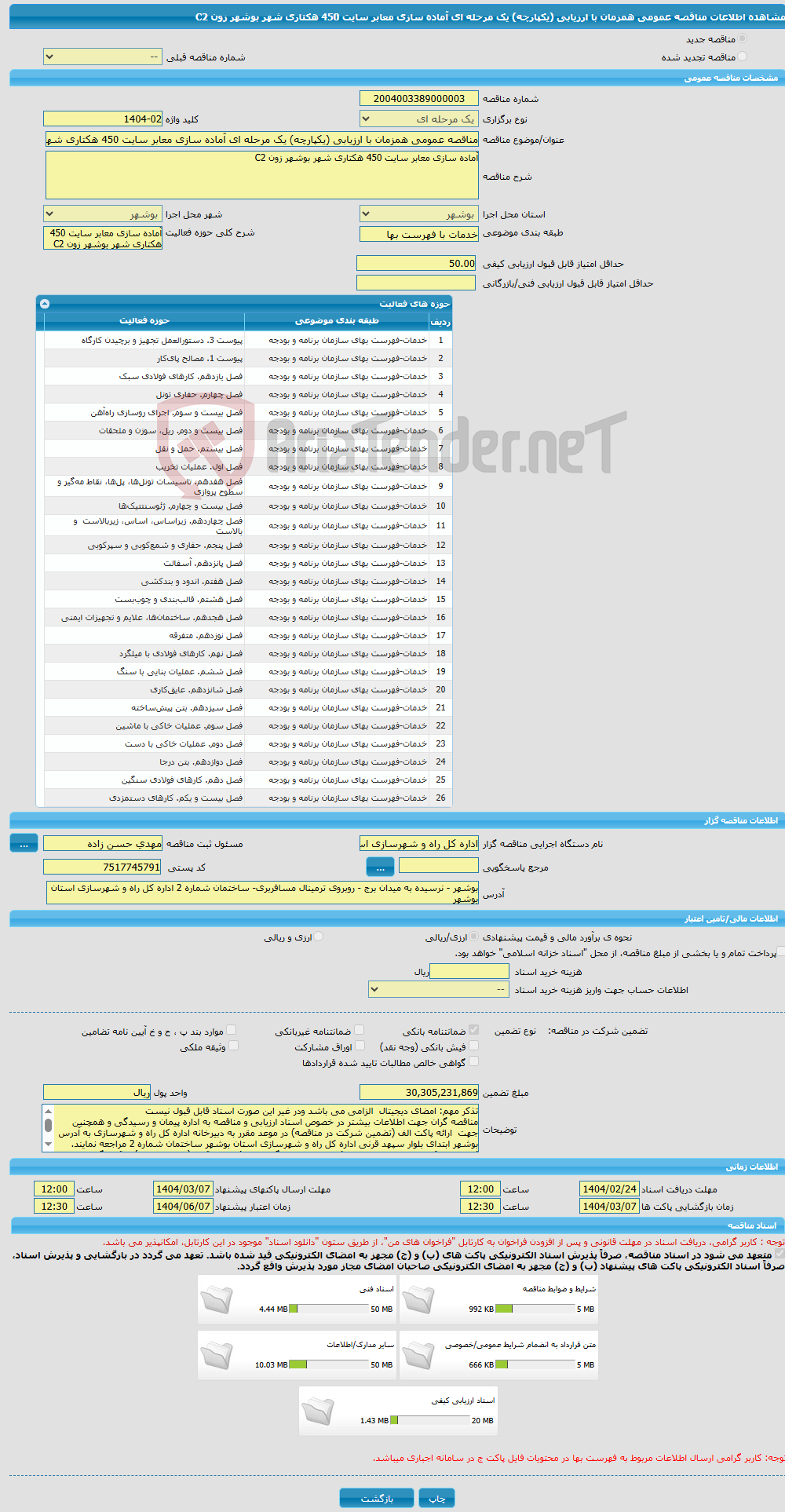 تصویر کوچک آگهی مناقصه عمومی همزمان با ارزیابی (یکپارچه) یک مرحله ای آماده سازی معابر سایت 450 هکتاری شهر بوشهر زون C2