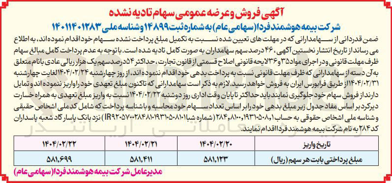 تصویر کوچک آگهی  فروش و عرضه عمومی 54 درصد سهم سهام تادیه نشده