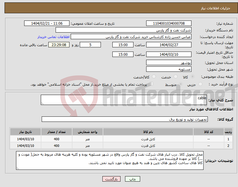 تصویر کوچک آگهی نیاز انتخاب تامین کننده-cable