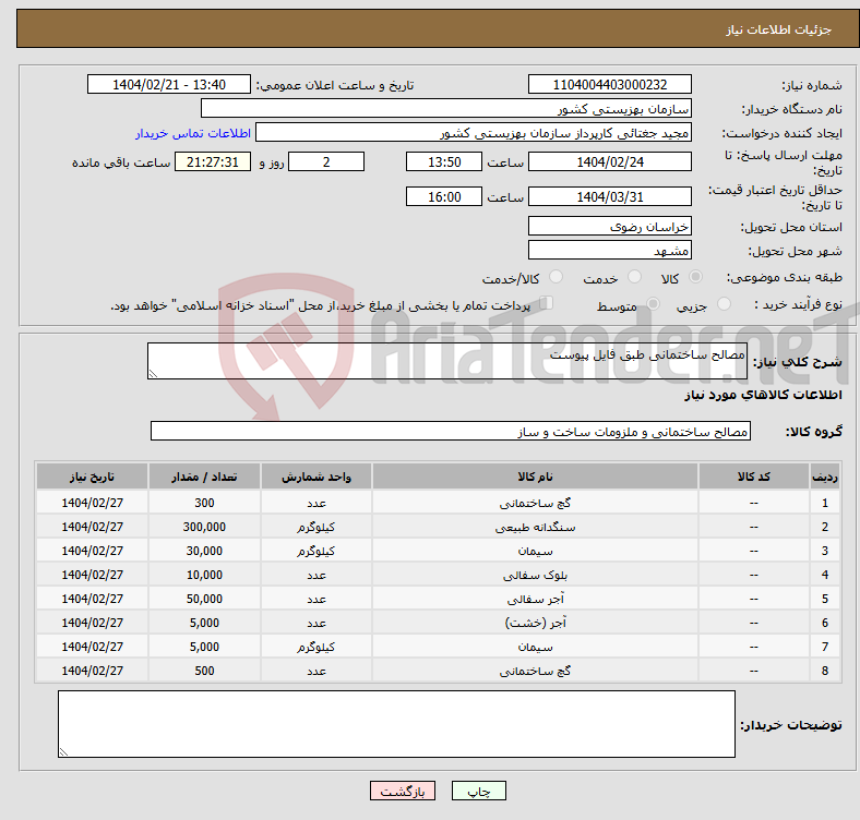 تصویر کوچک آگهی نیاز انتخاب تامین کننده-مصالح ساختمانی طبق فایل پیوست
