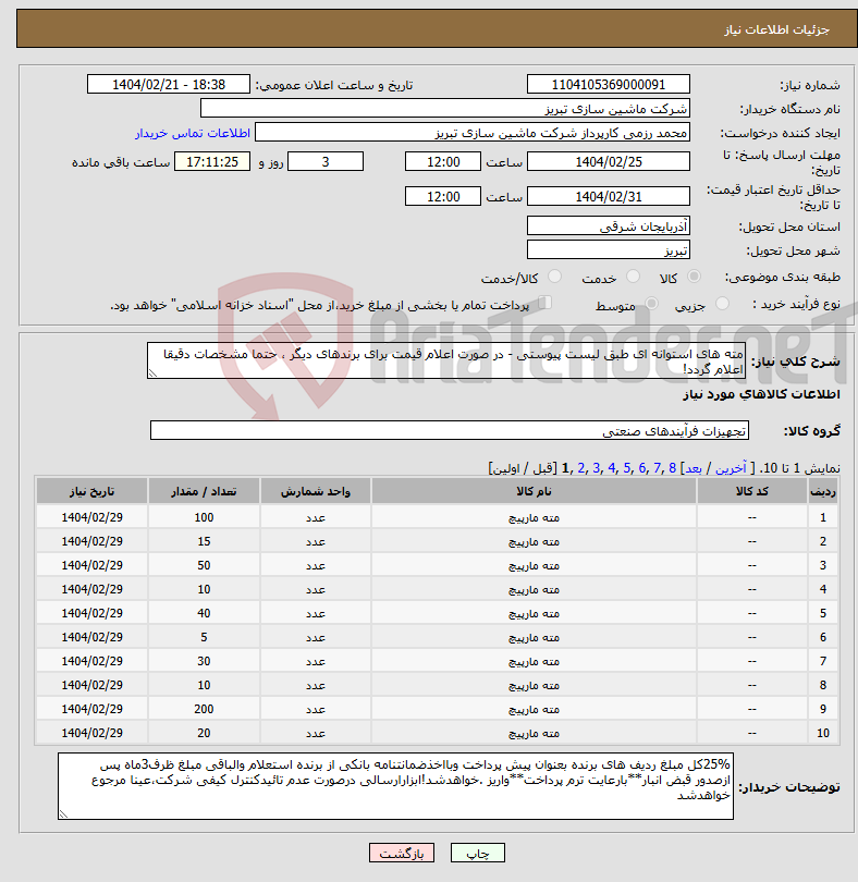 تصویر کوچک آگهی نیاز انتخاب تامین کننده-مته های استوانه ای طبق لیست پیوستی - در صورت اعلام قیمت برای برندهای دیگر ، حتما مشخصات دقیقا اعلام گردد! 