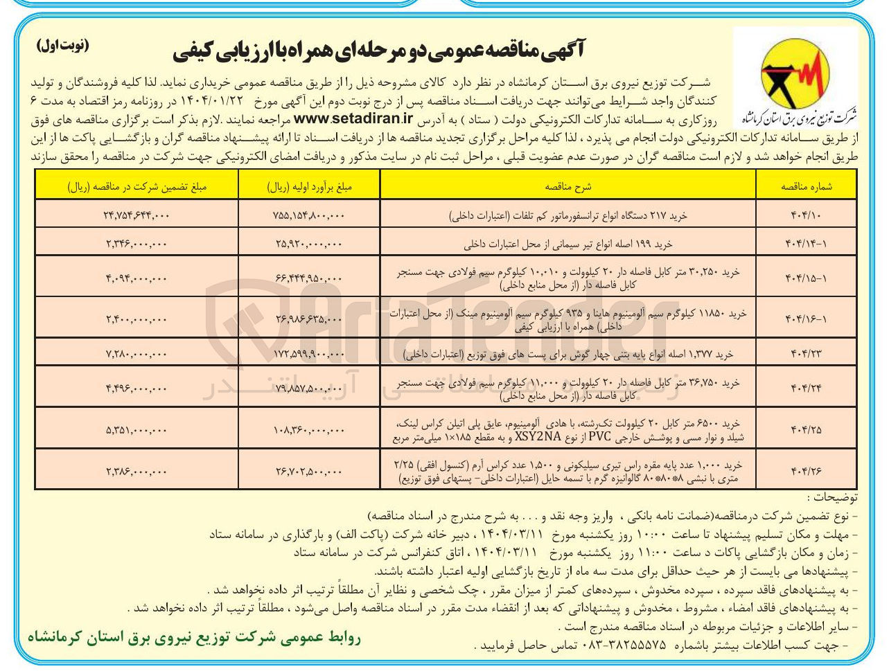 تصویر کوچک آگهی خرید ۱۱۸۵۰ کیلوگرم سیم آلومینیوم هاینا و ۹۳۵ کیلوگرم سیم آلومینیوم مینک از محل اعتبارات داخلی