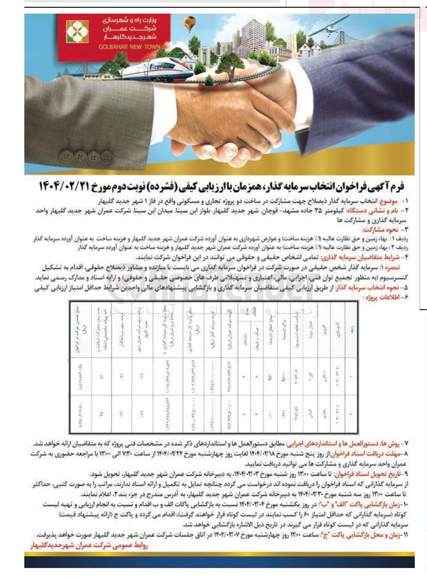 تصویر کوچک آگهی انتخاب سرمایه گذار ذیصلاح جهت مشارکت در ساخت دو پروژه تجاری و مسکونی
