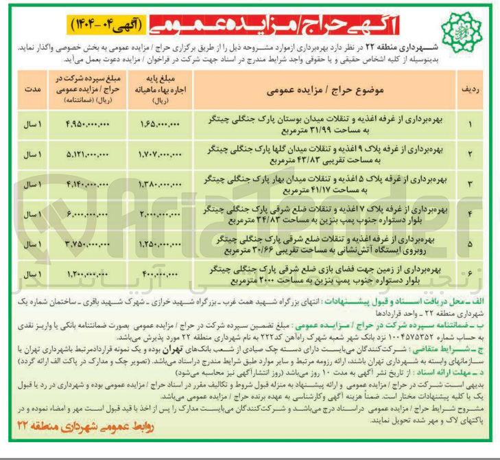 تصویر کوچک آگهی بهره برداری از غرفه پلاک ۹ اغذیه و تنقلات میدان گلها پارک جنگلی چیتگر به مساحت تقریبی ۴۳/۸۳ متر مربع 
