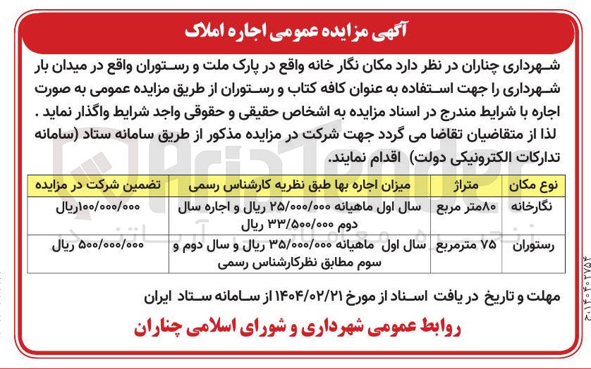 تصویر کوچک آگهی اجاره مکان نگارخانه