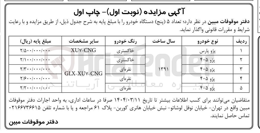 تصویر کوچک آگهی تعداد ۵ ( پنج دستگاه خودرو 