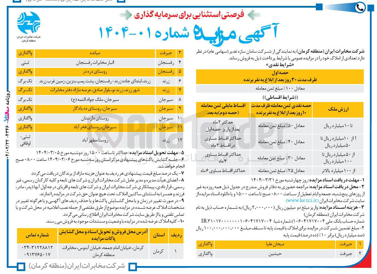تصویر کوچک آگهی فروش تعدادی از املاک در 12 ردیف 