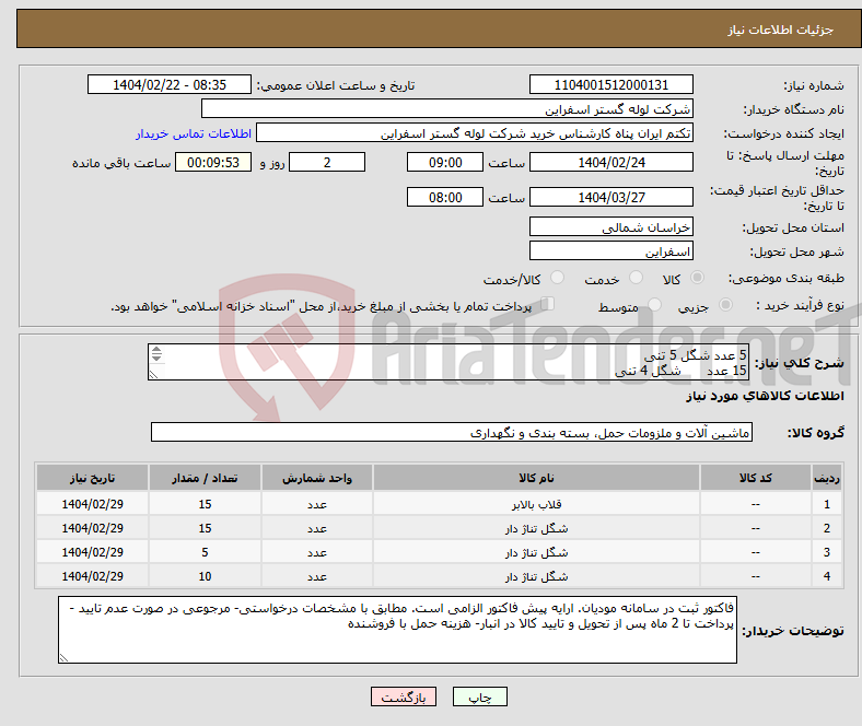 تصویر کوچک آگهی نیاز انتخاب تامین کننده-5 عدد شگل 5 تنی 15 عدد شگل 4 تنی 15 عدد قلاب 2 تنی 10 عدد شگل 2 تنی 