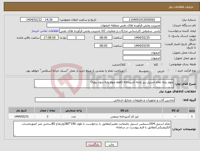 تصویر کوچک آگهی نیاز انتخاب تامین کننده-چهار پایه تمام استیل زیر تخته آشپزخانه (فقط چهار پایه بدون رویه) 