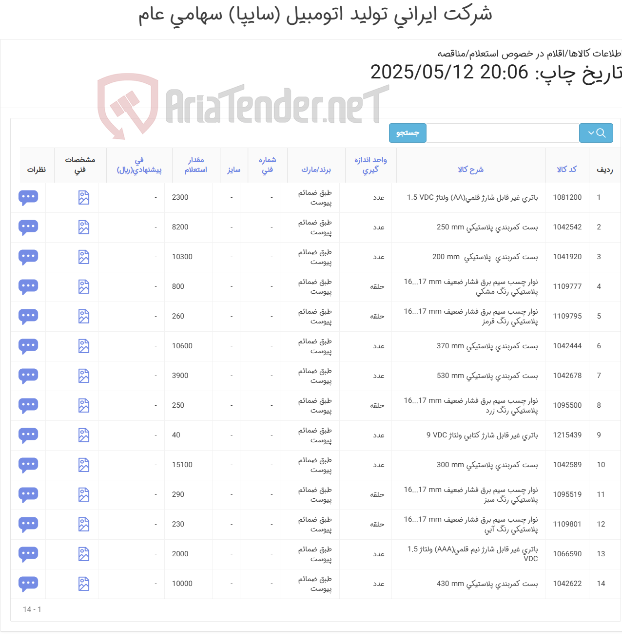 تصویر کوچک آگهی 14 آیتم بست کمربندی/باتری/نوار چسب طبق ضمائم پیوست