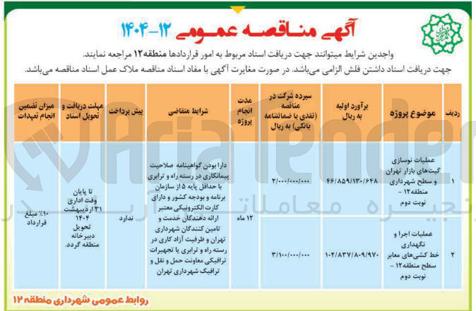 تصویر کوچک آگهی عملیات اجرا و نگهداری 
خط کشی های معابر سطح
