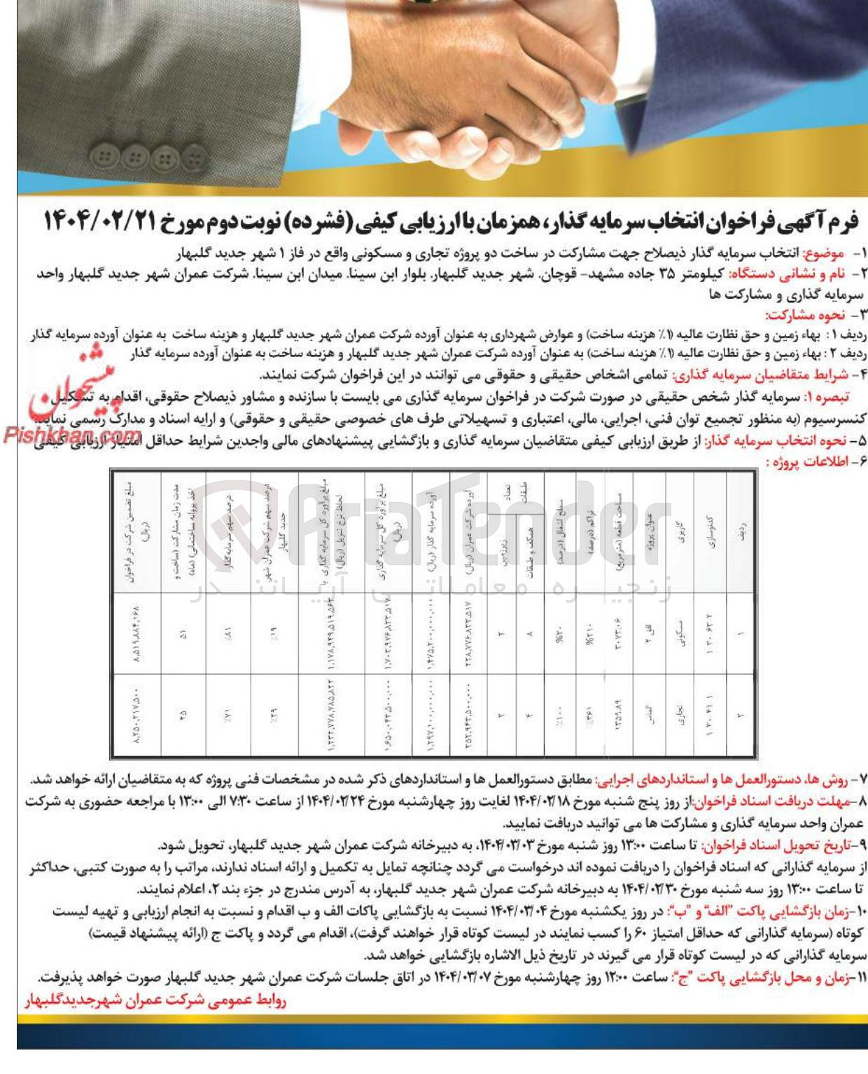 تصویر کوچک آگهی انتخاب سرمایه گذار جهت مشارکت در ساخت دو پروژه تجاری و مسکونی