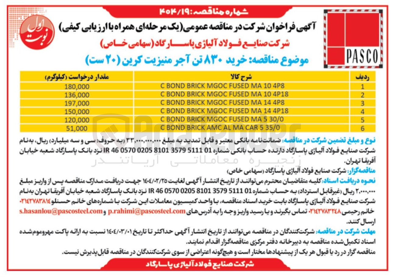 تصویر کوچک آگهی خرید ۸۳۰ تن آجر منیزیت کرین ( ۲۰ ست) 