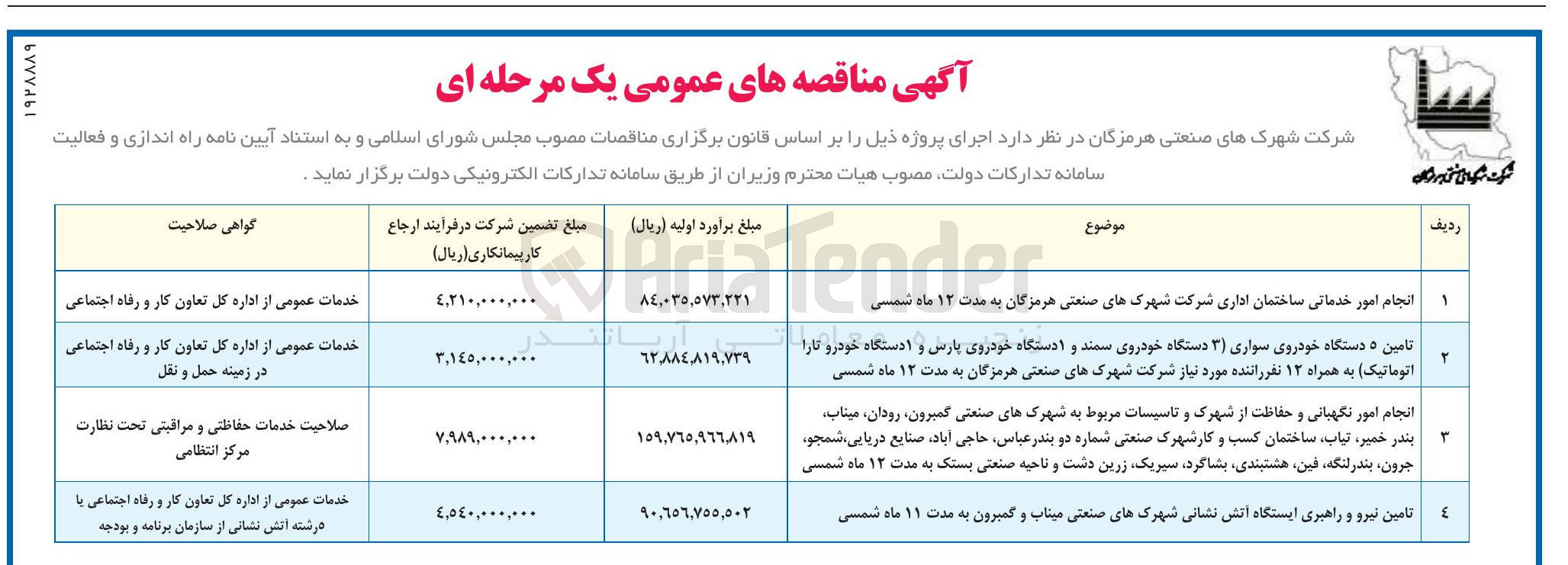 تصویر کوچک آگهی انجام امور نگهبانی و حفاظت از شهرک و تاسیسات 
