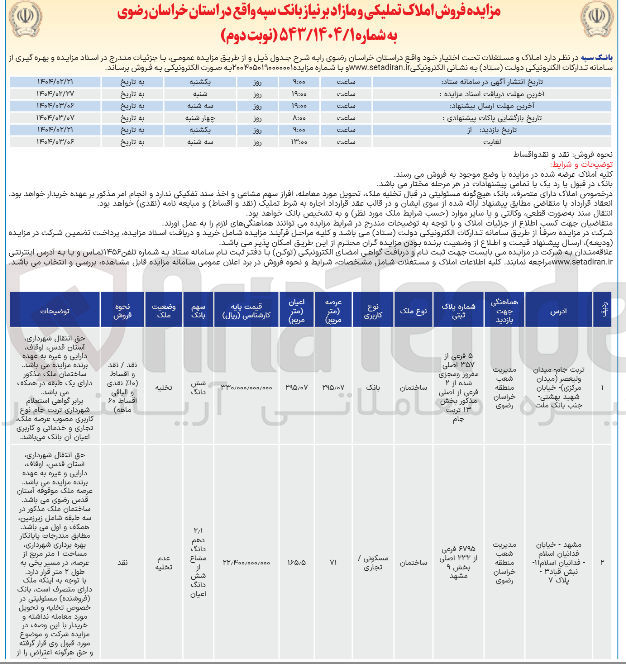 تصویر کوچک آگهی فروش املاک تملیکی و مازاد بر نیاز 