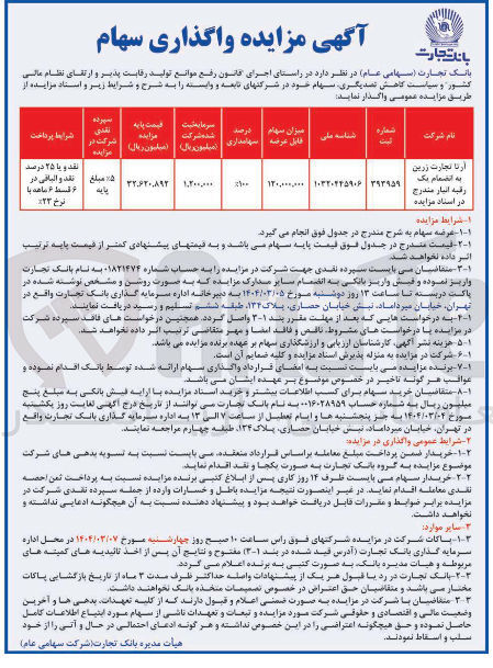 تصویر کوچک آگهی واگذاری سهام شرکت آرتا تجارت زرین 