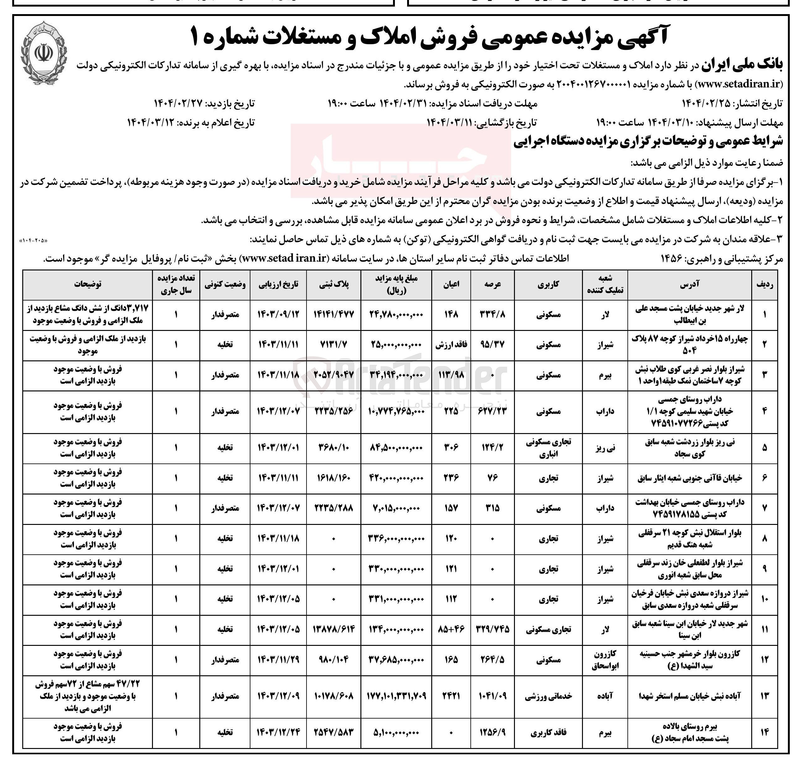 تصویر کوچک آگهی فروش املاک در 14 ردیف با کاربری مسکونی، تجاری، انباری، خدماتی