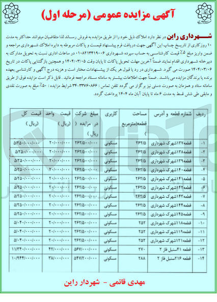 تصویر کوچک آگهی فروش املاک در 14 ردیف با کاربری مسکونی