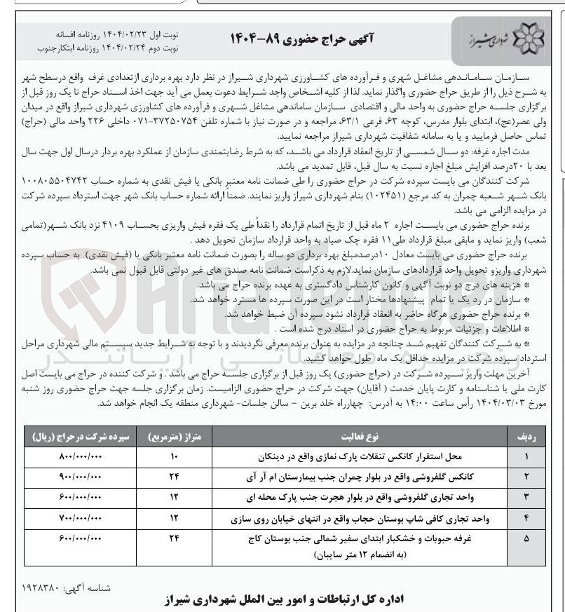 تصویر کوچک آگهی بهره برداری از تعدادی غرف در 5 ردیف