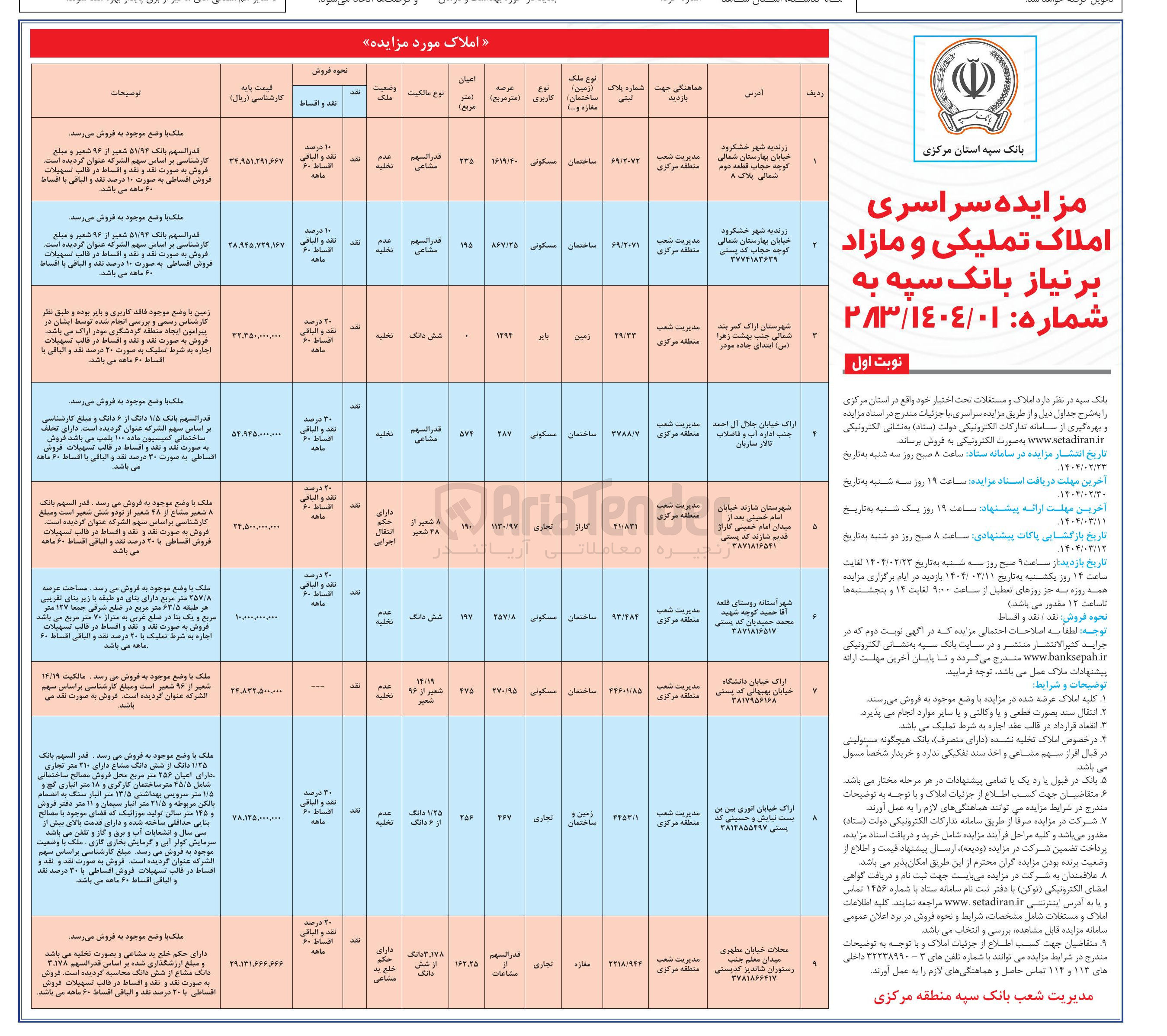 تصویر کوچک آگهی فروش املاک در 9 ردیف با کاربری مسکونی، تجاری، بایر