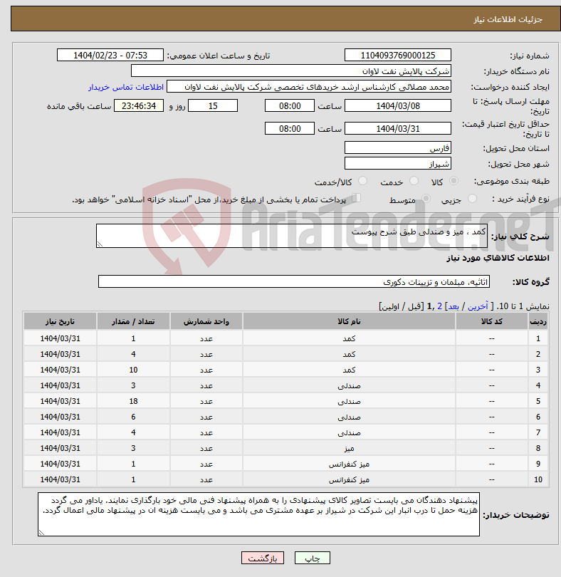 تصویر کوچک آگهی نیاز انتخاب تامین کننده-کمد ، میز و صندلی طبق شرح پیوست 