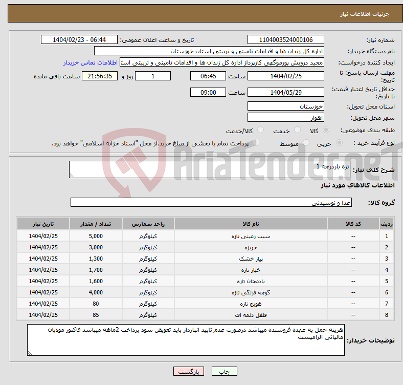 تصویر کوچک آگهی نیاز انتخاب تامین کننده-تره باردرجه 1