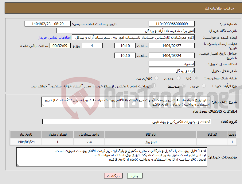 تصویر کوچک آگهی نیاز انتخاب تامین کننده-تابلو توزیع هوشمند به شرح پیوست (جهت درج قیمت به اقلام پیوست مراجعه شود).تحویل :24ساعت از تاریخ استعلام و پراخت : 6 ماه از تاریخ فاکتور