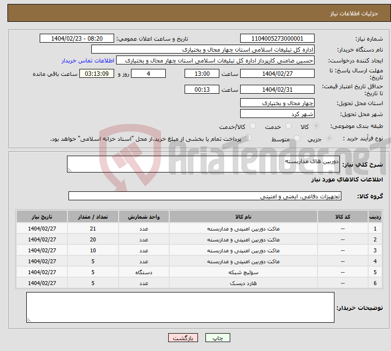 تصویر کوچک آگهی نیاز انتخاب تامین کننده-دوربین های مداربسته