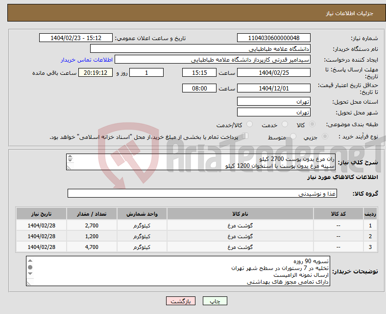 تصویر کوچک آگهی نیاز انتخاب تامین کننده-ران مرغ بدون پوست 2700 کیلو سینه مرغ بدون پوست با استخوان 1200 کیلو سینه مرغ بدون استخوان (شنیسلی) 4700 کیلو