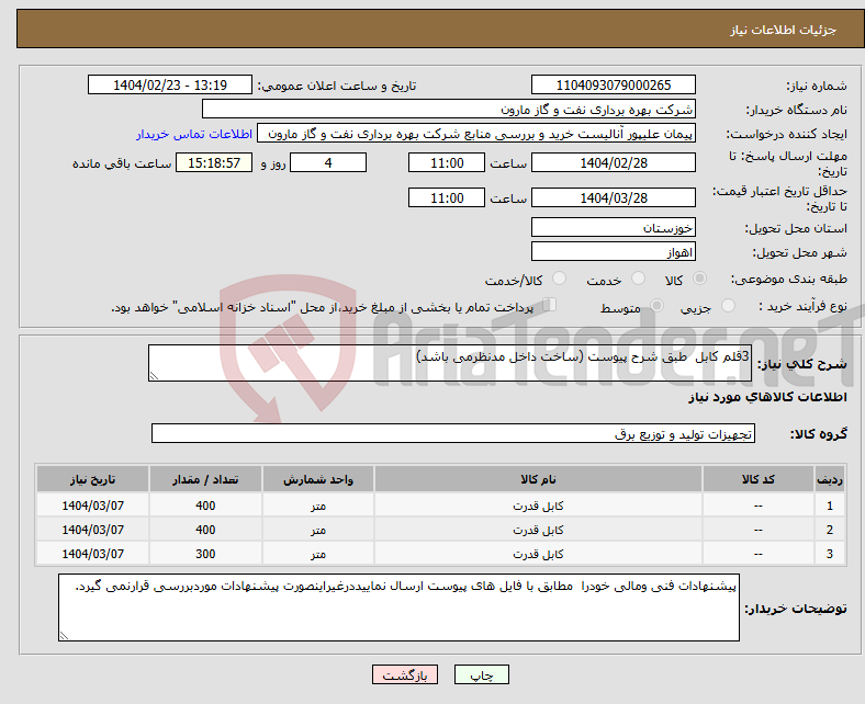 تصویر کوچک آگهی نیاز انتخاب تامین کننده-3قلم کابل طبق شرح پیوست (ساخت داخل مدنظرمی باشد)
