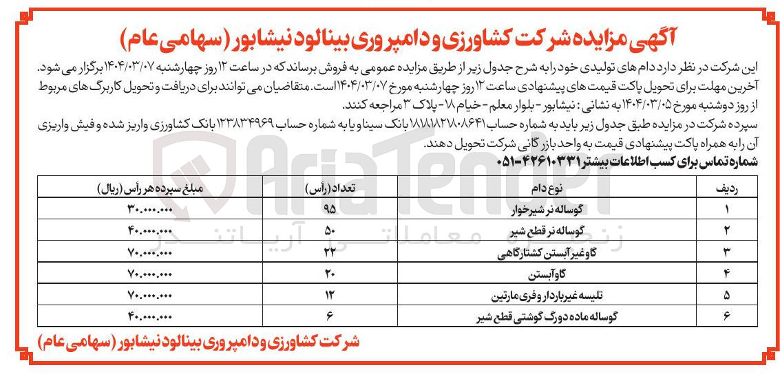 تصویر کوچک آگهی فروش دام (گوساله نر شیرخوار - گوساله نر قطع شیر - گاو غیر آبستن کشتارگاهی - گاو آبستن - تلیسه غیر باردار و فری مارتین - گوساله ماده دورگ گوشتی قطع شیر)
