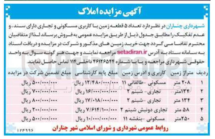 تصویر کوچک آگهی  تعداد ۵ قطعه زمین با کاربری مسکونی و تجاری