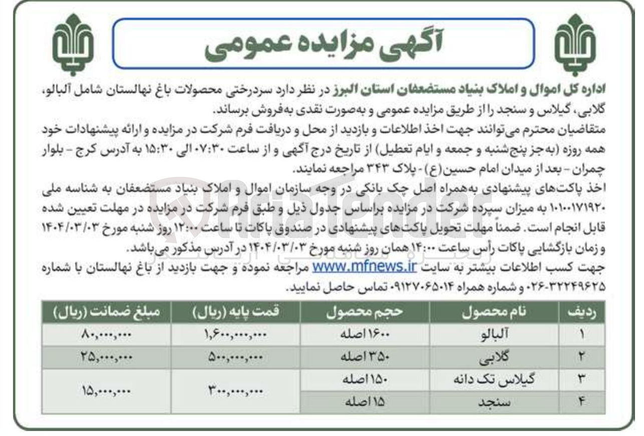 تصویر کوچک آگهی  سردرختی محصولات باغ 