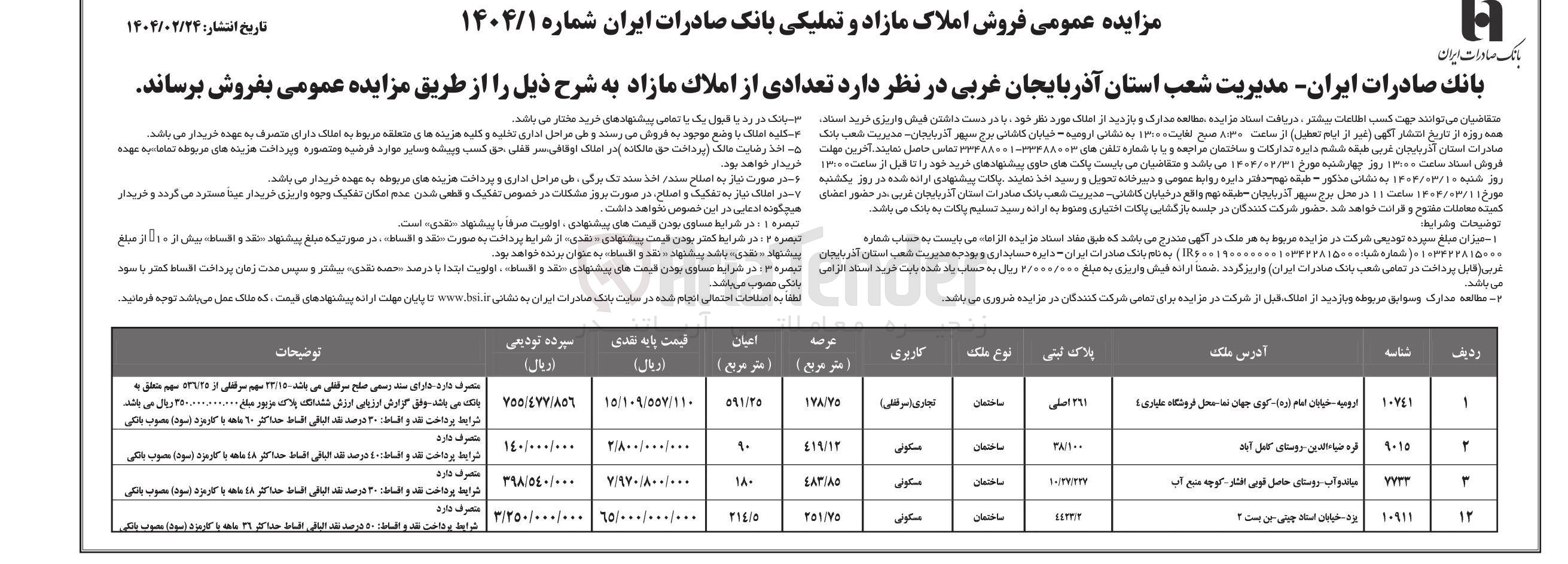 تصویر کوچک آگهی  فروش املاک مازاد و تملیکی 