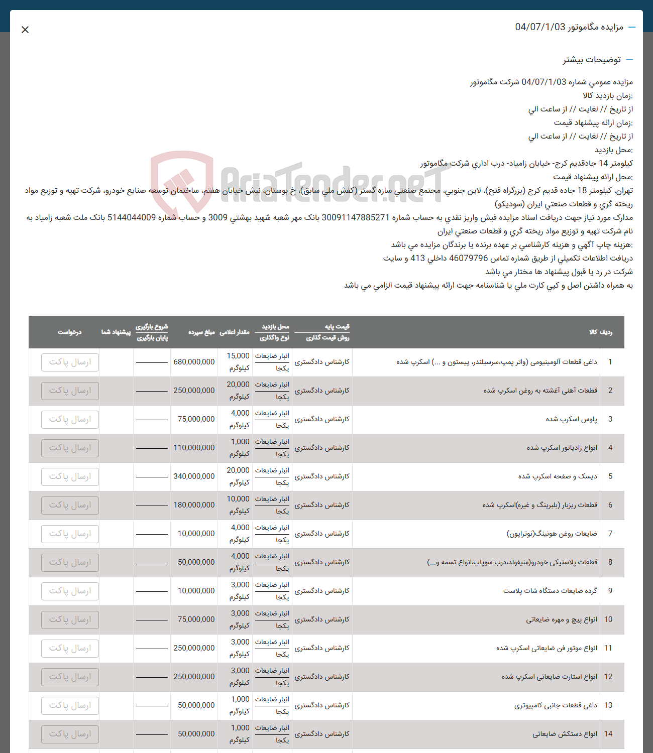 تصویر کوچک آگهی فروش داعی قطعات آلومینیومی ( واتر پمپ سرسیلندر پیستون و .... ) اسکرپ شده - قطعات آهنی آغشته به روغن اسکرب شده - 
پلوس اسکرپ شده - انواع رادیاتور اسکرپ شده - دیسک و صفحه اسکرپ شده - قطعات ریزبار (بلبرینگ و غیره ) اسکرپ شده - ضایعات روغن ( هونینگ نوتراپون ) - قطعات پلاستیکی خودرو ( ، منیفولد درب سوپاپ انواع تسمه و ... ) - گرده ضایعات دستگاه شات پلاست - انواع پیچ و مهره ضایعاتی - انواع موتور فن ضایعاتی اسکرپ شده - انواع استارت ضایعاتی اسکرپ شده - داغی قطعات جانبی کامپیوتری - انواع دستکش ضایعاتی