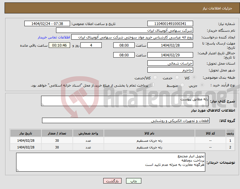 تصویر کوچک آگهی نیاز انتخاب تامین کننده-رله مطابق پیوست 
