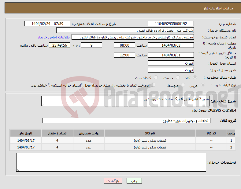 تصویر کوچک آگهی نیاز انتخاب تامین کننده-شیر 2 اینچ طبق 6 برگ مشخصات پیوستی