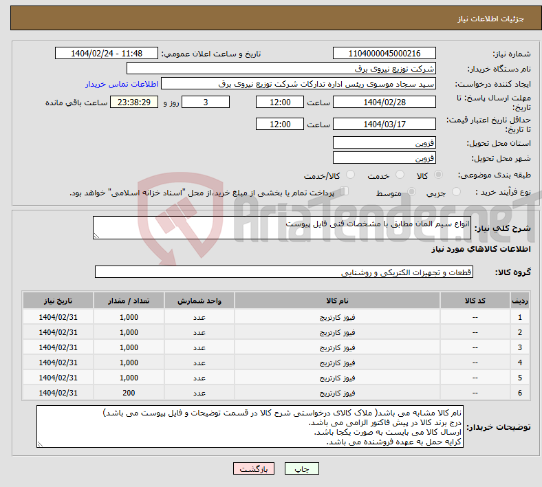 تصویر کوچک آگهی نیاز انتخاب تامین کننده-انواع سیم المان مطابق با مشخصات فنی فایل پیوست