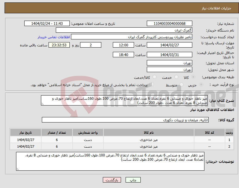 تصویر کوچک آگهی نیاز انتخاب تامین کننده-میز ناهار خوری و صندلی 6 نفره،تعداد 6 عدد،ابعاد ارتفاع 70،عرض 100،طول 160سانت)میز ناهار خوری و صندلی 8 نفره، تعداد 6 عدد، ،طول 200 سانت)